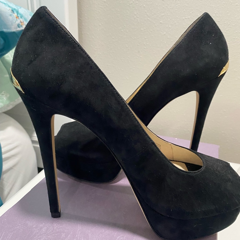 Michael Kors Black Suede Heels with Gold Accents